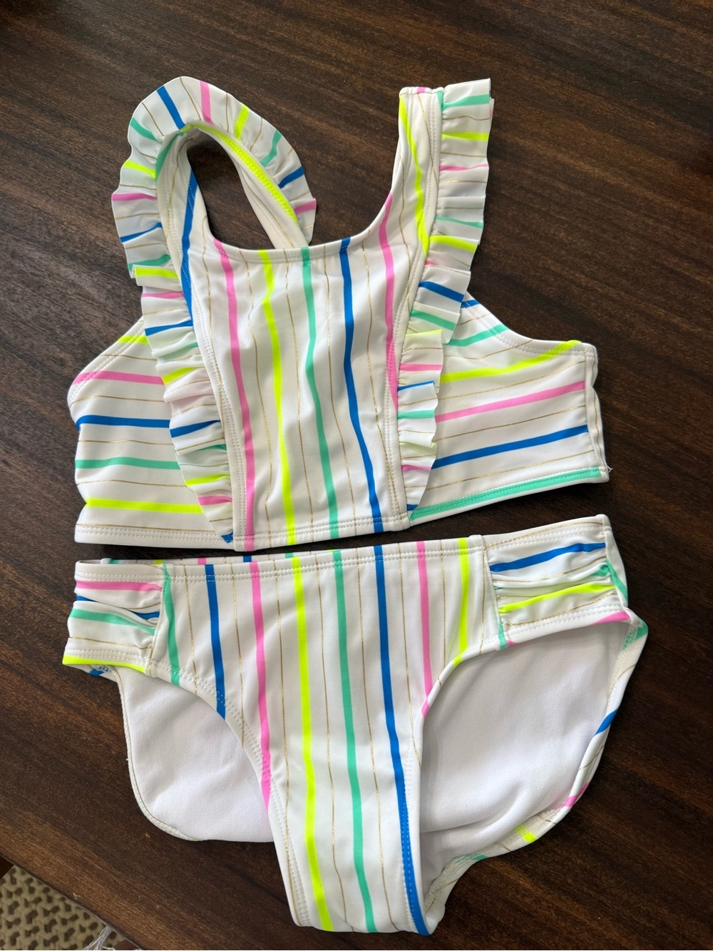 Cat & Jack White Striped Ruffle Tank Bikini with Neon Accent Stripes